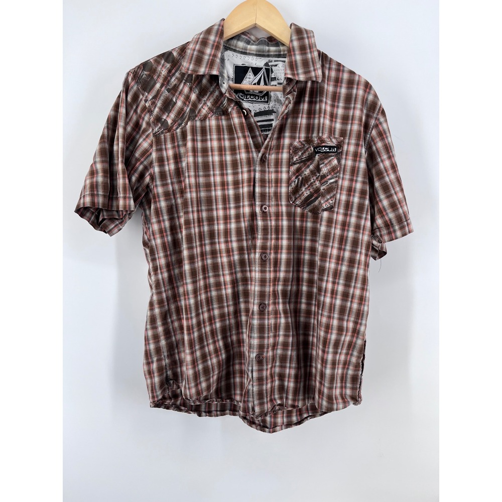 Volcom Mens Plaid Button Shirt Brown Orange Short Sleeve Skate Top M Rugged